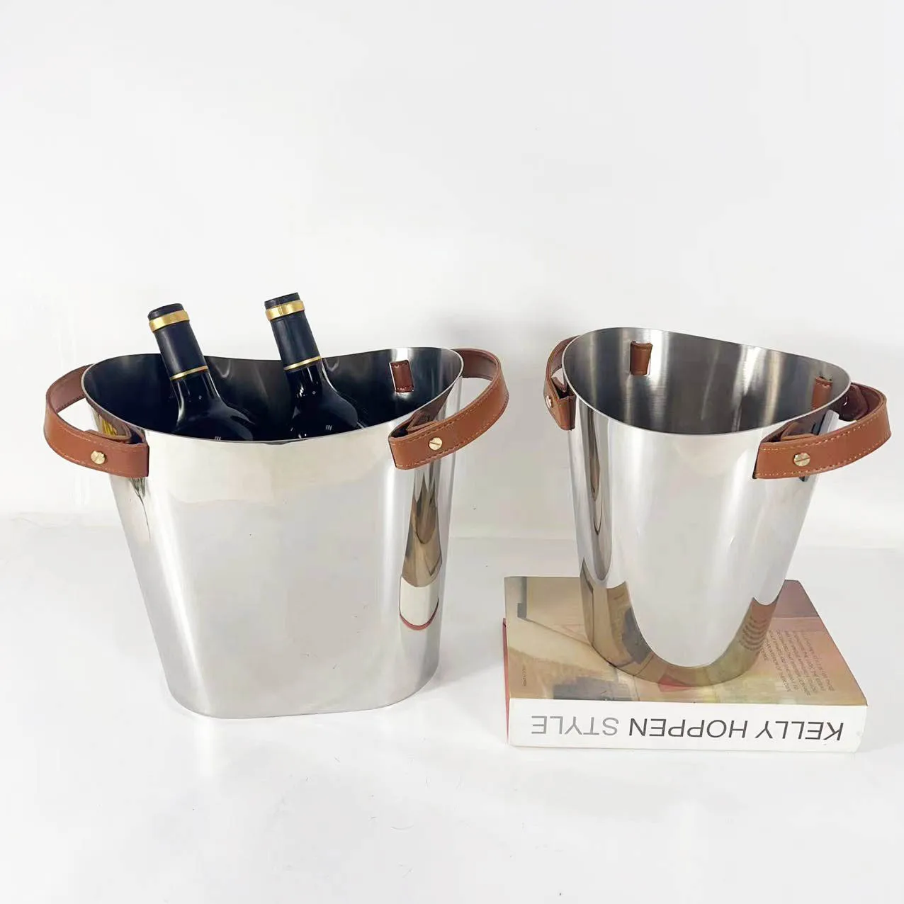 DSA Modern Light Luxury Stainless Steel Metal Leather Champagne Red Wine Ice Bucket Decoration Creative Ornament Kitchen Bar