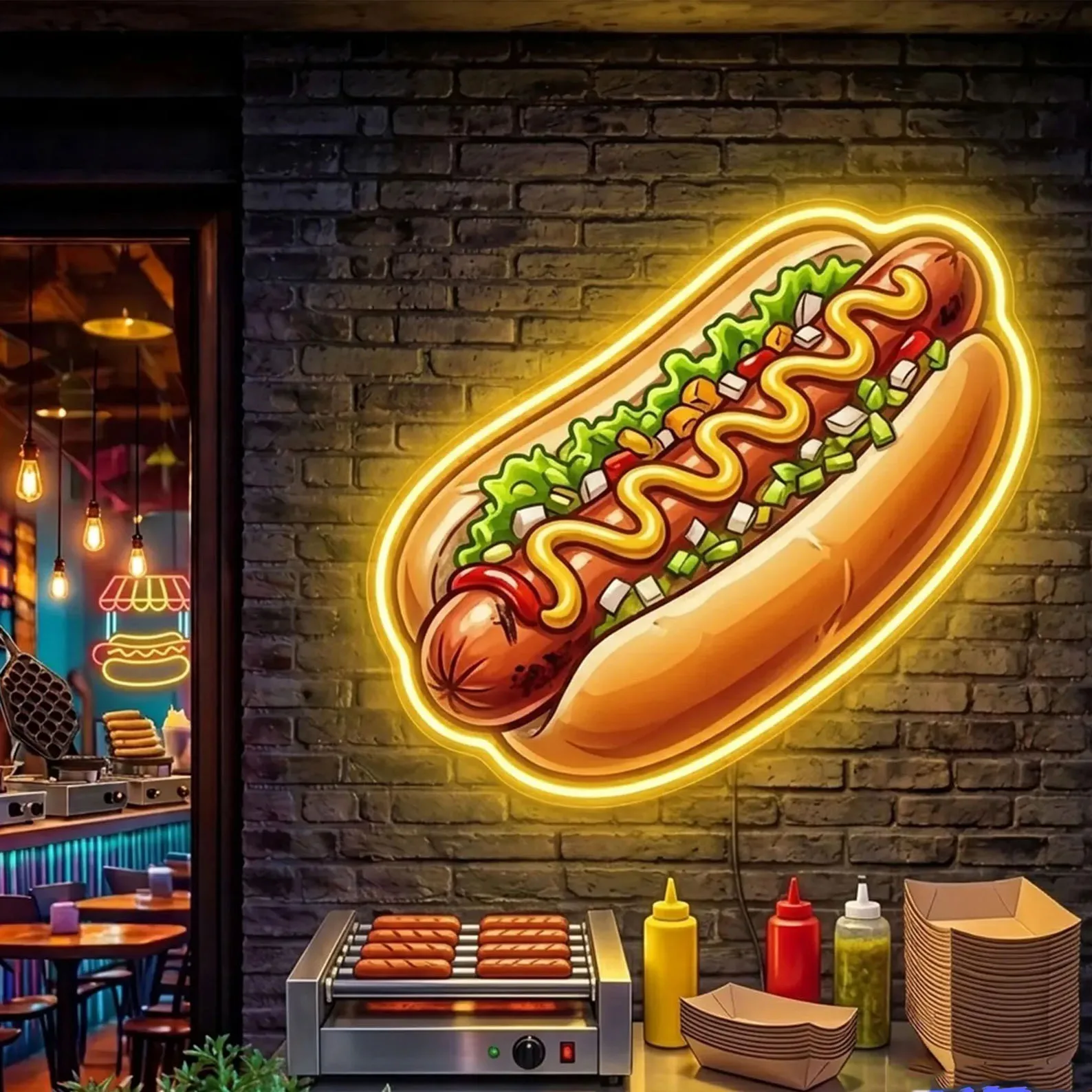 Hot Dog Neon Sign,American Fast Food Led Neon Sign,Kitchen Grill Diner Wall Decor,Snack Bar Neon Sign,Business Owner Gifts