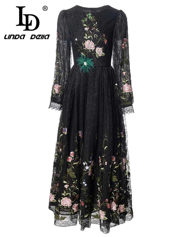 LD LINDA DELLA 2024 Autumn Elegant Pretty Fashion Dress Women\'s Black Extravagant Embroidery Splice Draped Slim Fit Lace Dress