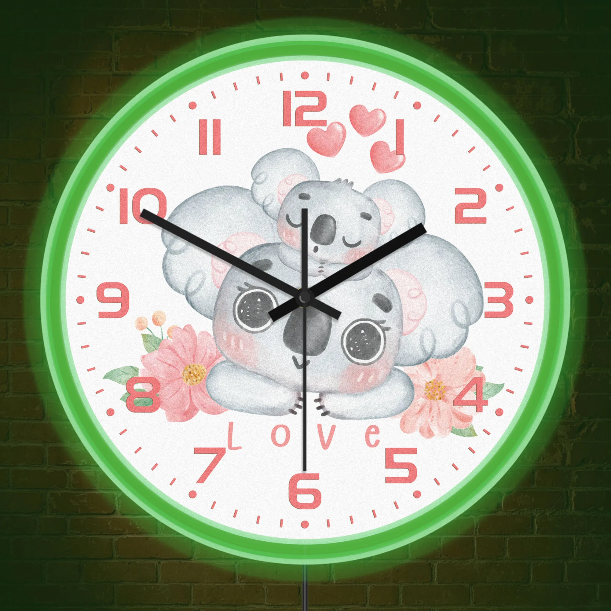 Watercolor Mother And Baby Koala Silent Quartz Wall Clock for Playroom Koala Family LED Neon Light Wall Clock Baby Shower Gift
