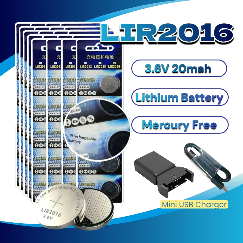 

LIR2016 Rechargeable 3.6V 40mAh Lithium Coin Battery for Watches, Can Replace CR2016 Button Cell Long Lasting