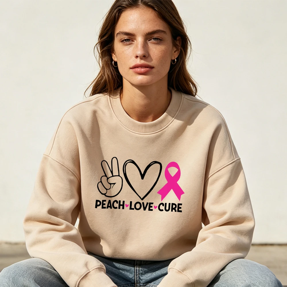 PEACE LOVE CURE Breast Cancer Awareness Sweatshirt Unisex Fall Pullover Pink Ribbon Theme October Support Holiday Gift Tops