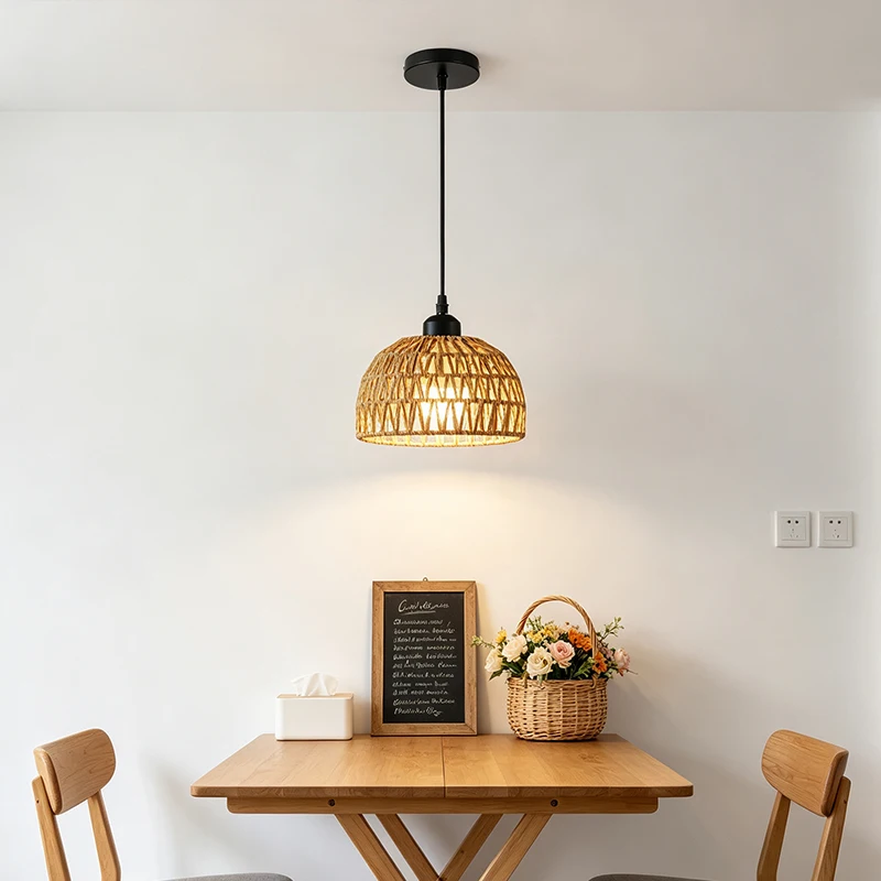 E27 Hemp Rope Woven Iron Pendant Lamp, Bulb Not Included, 1.2m Adjustable Hanging Wire for Kitchen Island Bar Corridor Decor