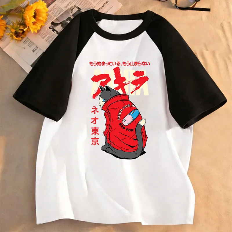 

Футболки с принтом Akira Cat в японском аниме-стиле, детские футболки с милым дизайном, повседневные футболки для мальчиков и девочек, летние и весенние повседневные топы