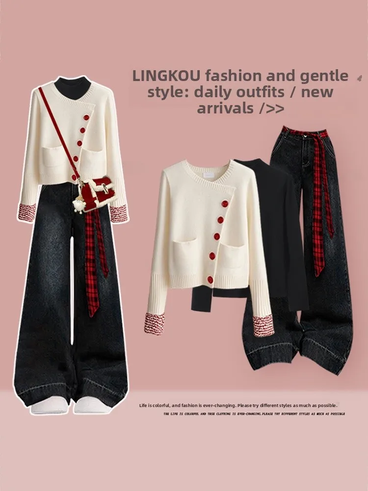 

Вязаный кардиган и джинсовые джинсы в стиле ретро, комплект из футболки для женщин, прямая посадка с высокой талией, большие размеры, осень-зима...