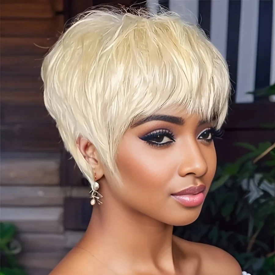 

6inch 250% Density Remy Hair Wig 613 Blonde Color Machine Made Pixie Cut Short Straight Human Hair Wig For Women