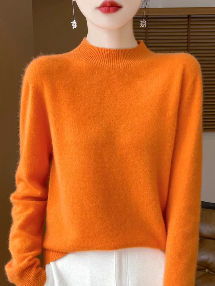 

Spring Autumn 100% Merino Wool Women's Mock-Neck Sweater Long Sleeve Pullovers Casual Pure Wool Knitwear Korean Fashion Tops