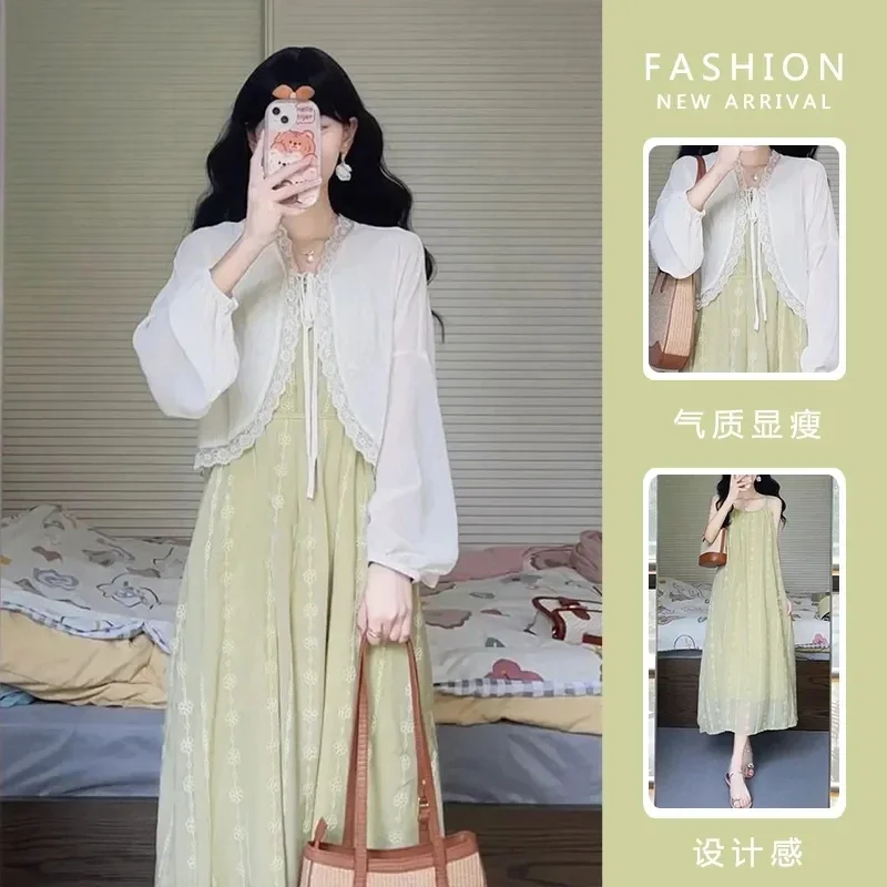 

2024 Summer Women Green Sling Dress White Chiffon Shirts Two Piece Sets Korean Lady Loose Camisole Dresses Sunscreen Tops Outfit