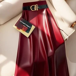 Autumn and Winter New Autumn Items Covered Belly PU Leather Half Body Women's Autumn Mid to Long Winter Pleated A-line Skirt