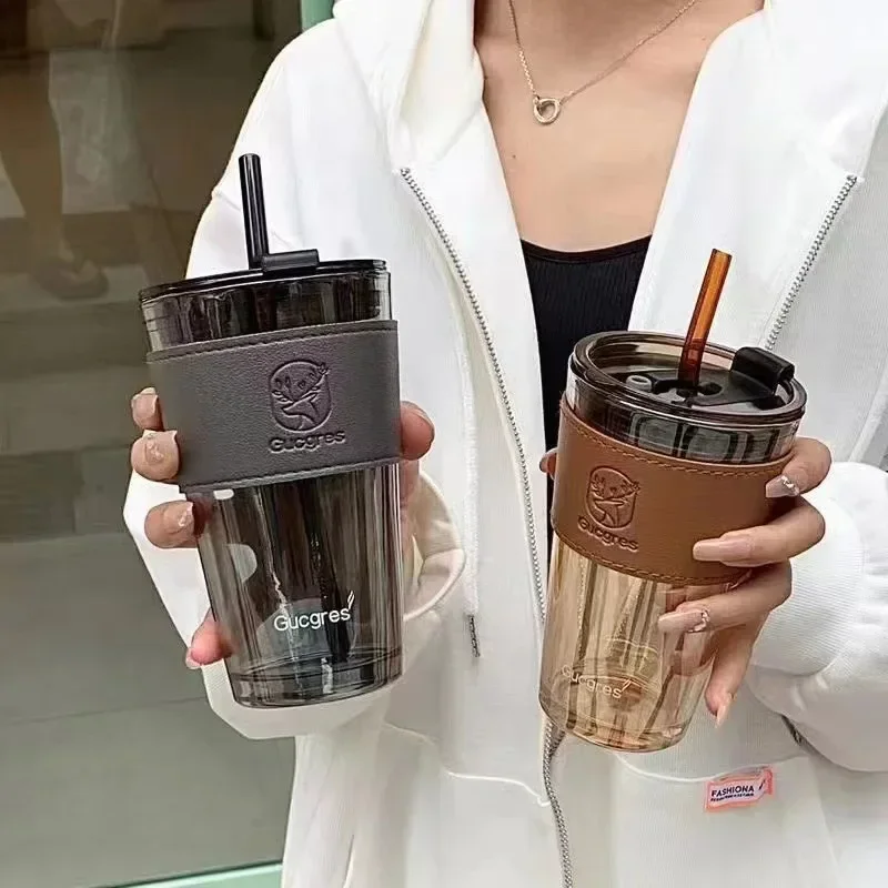 Glass water cup with straw, high aesthetic value coffee cup with leather cover, gray deer dual drink