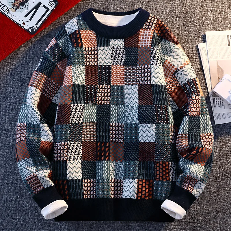 

New Fashion Men Plaid Pullover Winter Sweaters Outwear Loose Casual Knitted Sweaters Male O-neck Pullovers Sweatercoats Size 4XL