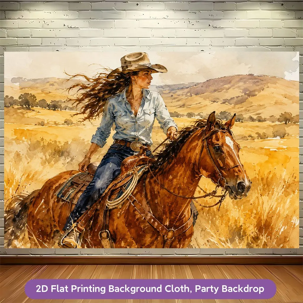 Cowgirl Riding Horse Western Landscape Watercolor Style 2D Flat Tapestry Backdrop For Living Room Decor Country Wall Hanging Art