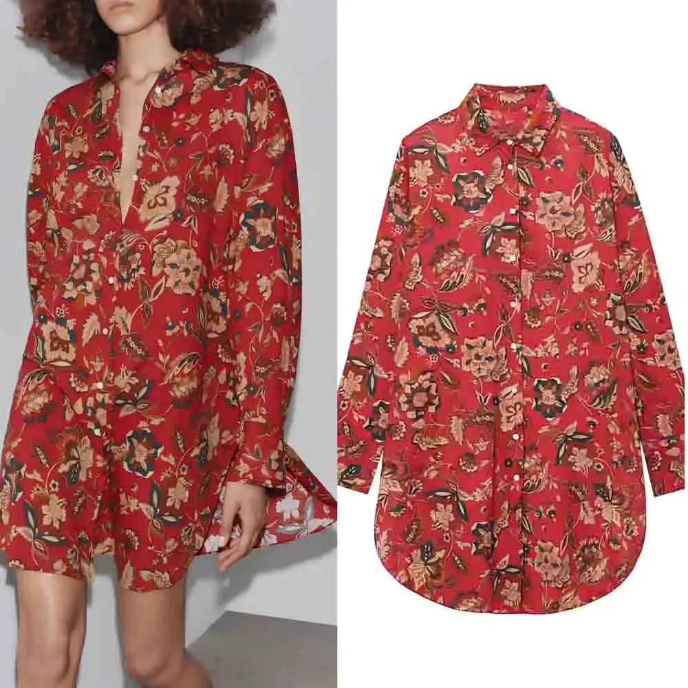 

Women's 2025 new fashion loose long style printed Lapel shirt long sleeved button down women's shirt chic top