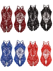 Lingerie sexy azul de crotch aberta para mulheres, bodysuit de pelúcia com renda, vestido babydoll erótico, sutiã V profundo, roupa interior, tamanho grande