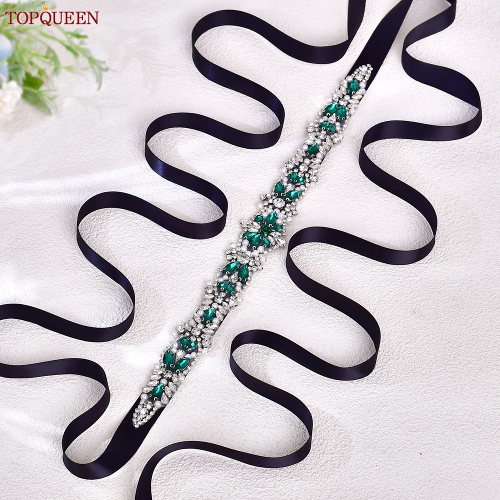 

TOPQUEEN Green Rhinestone Flower Shape Bridal Belt Wedding Bridesmaid Waist Jewelry Party Prom Special Event Dress Belt S442