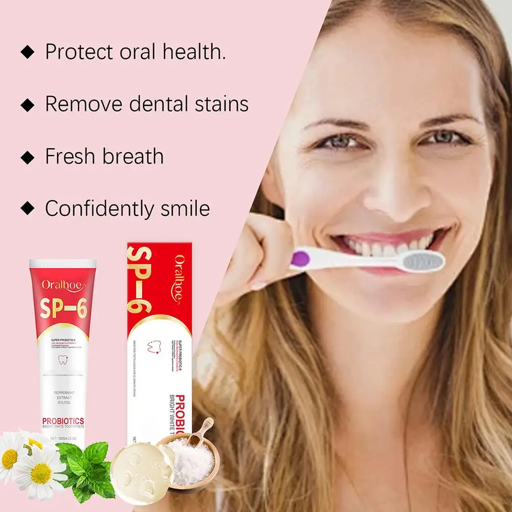 Creme dental com Extrato Vegetal Natural, Higiene Oral, Prevenção de Cavidades Dentárias, Probióticos, Creme dental Clareador, SP-6, 120g