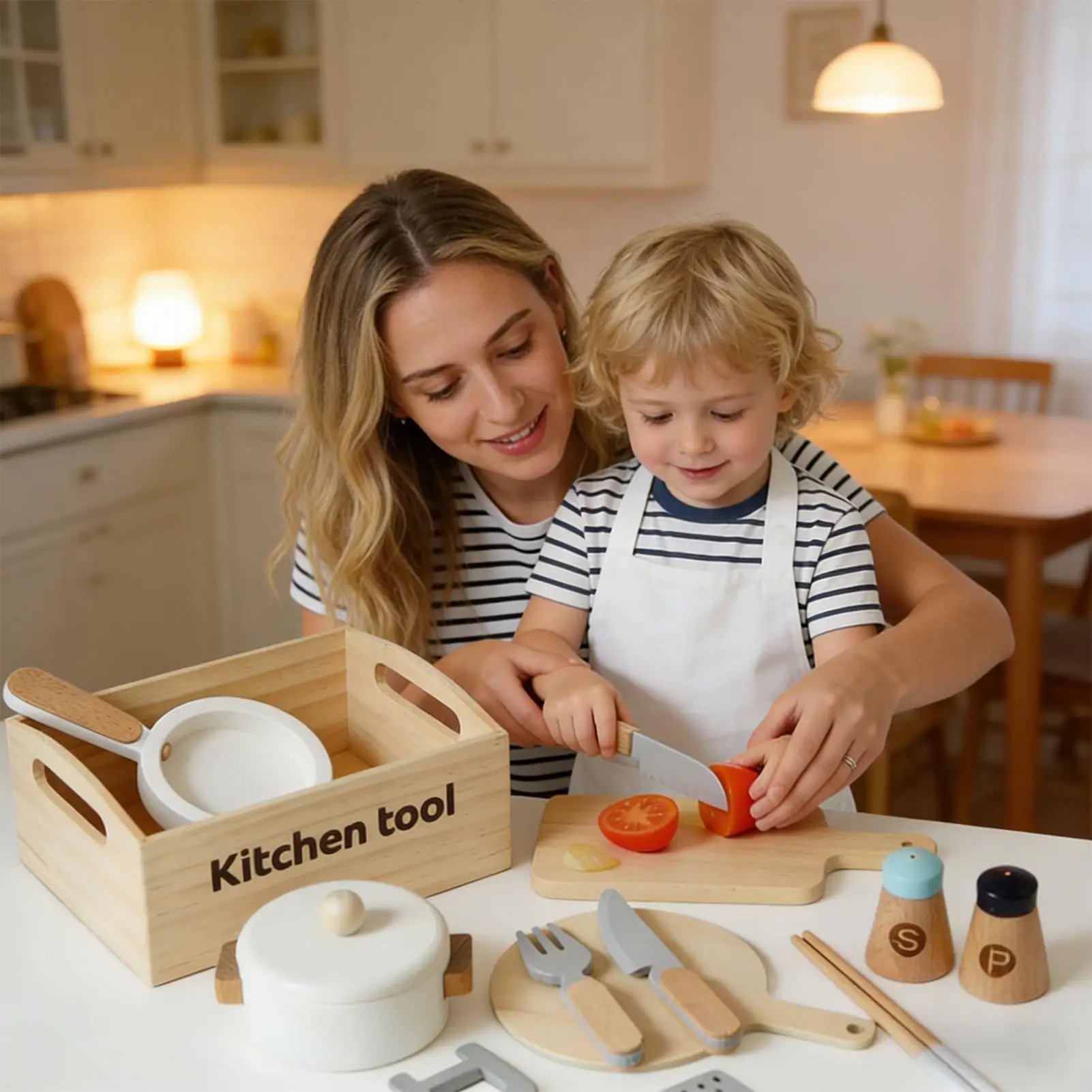 子供用おままごとキッチンセット 木製知育玩具 男の子と女の子向けの様々なキッチン用品とアクセサリーが含まれています