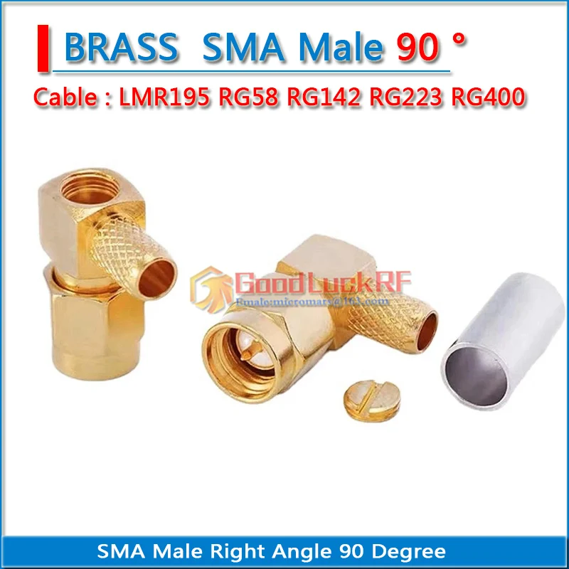 RP-SMA RPSMA RP SMA Male Jack 90 Degree Right Angle Crimp For RG58 RG142 RG223 RG400 LMR195 Cable Plug Brass GOLD Plated