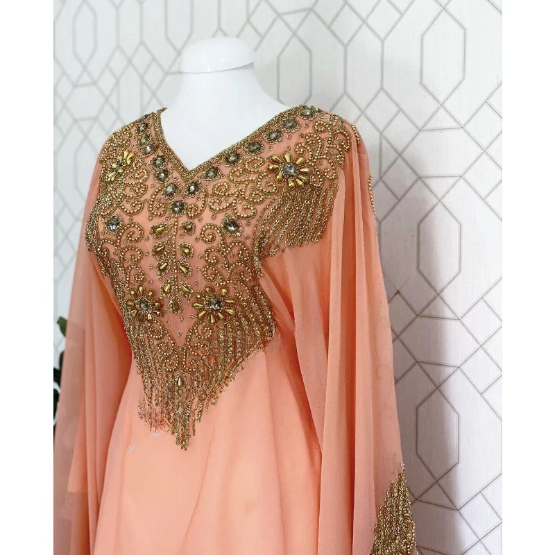 Peach Moroccan Dubai Kaftans Farasha Abaya Dress Very Fancy Long Gown Fashion Trends