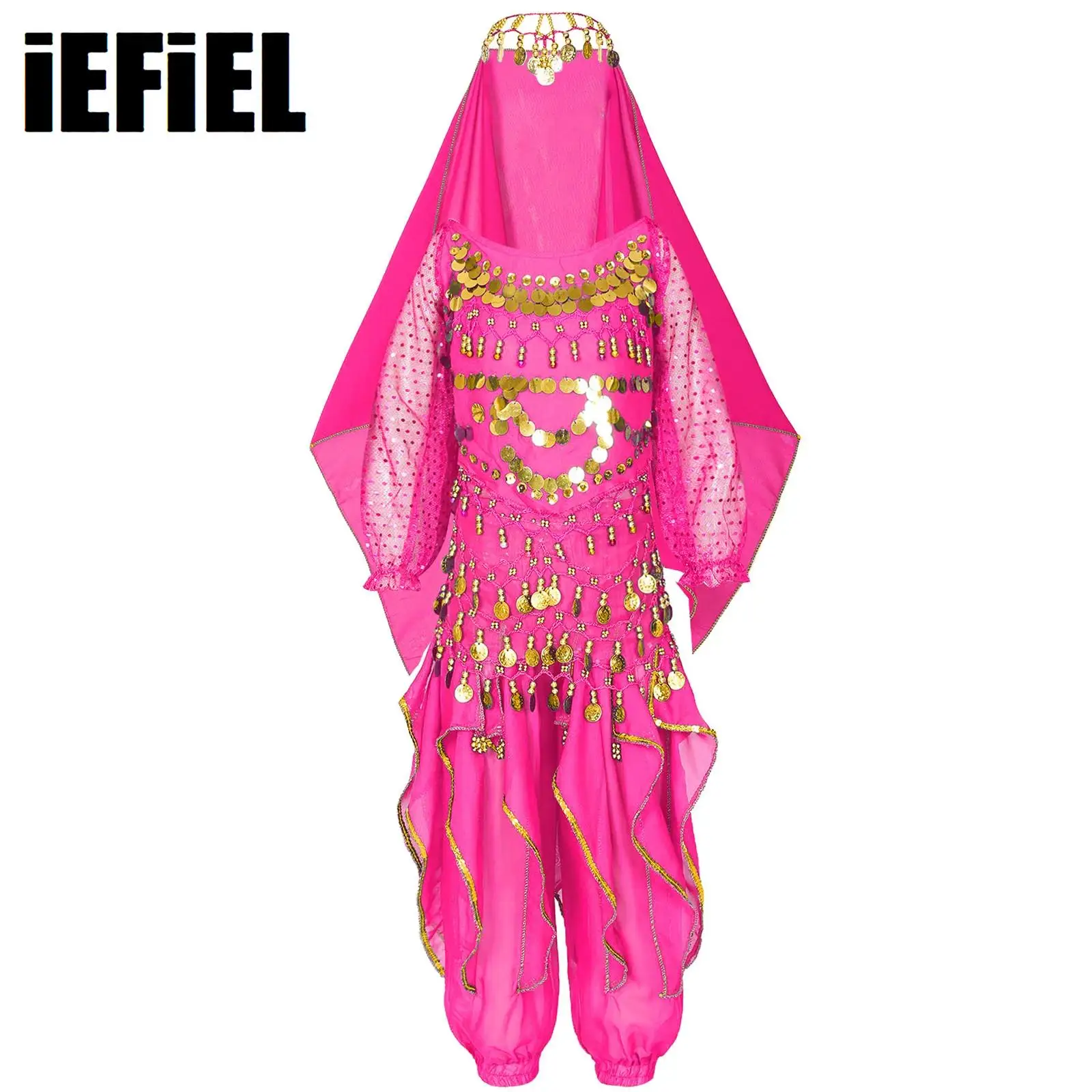 Kids Girls Belly Dance Costume Sets Lace-Up Back 3/4 Sleeve Sequins Tassel Crop Top Ruffled Pants Hip Scarf Headscarf