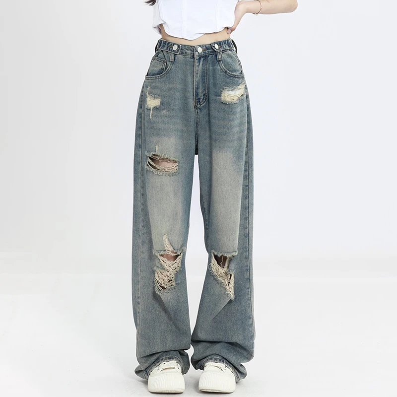 

American Style Ripped Y2K Baggy Jeans Women Vintage Autumn High Waist Straight Loose Trousers StreetWear Wide Leg Denim Pants