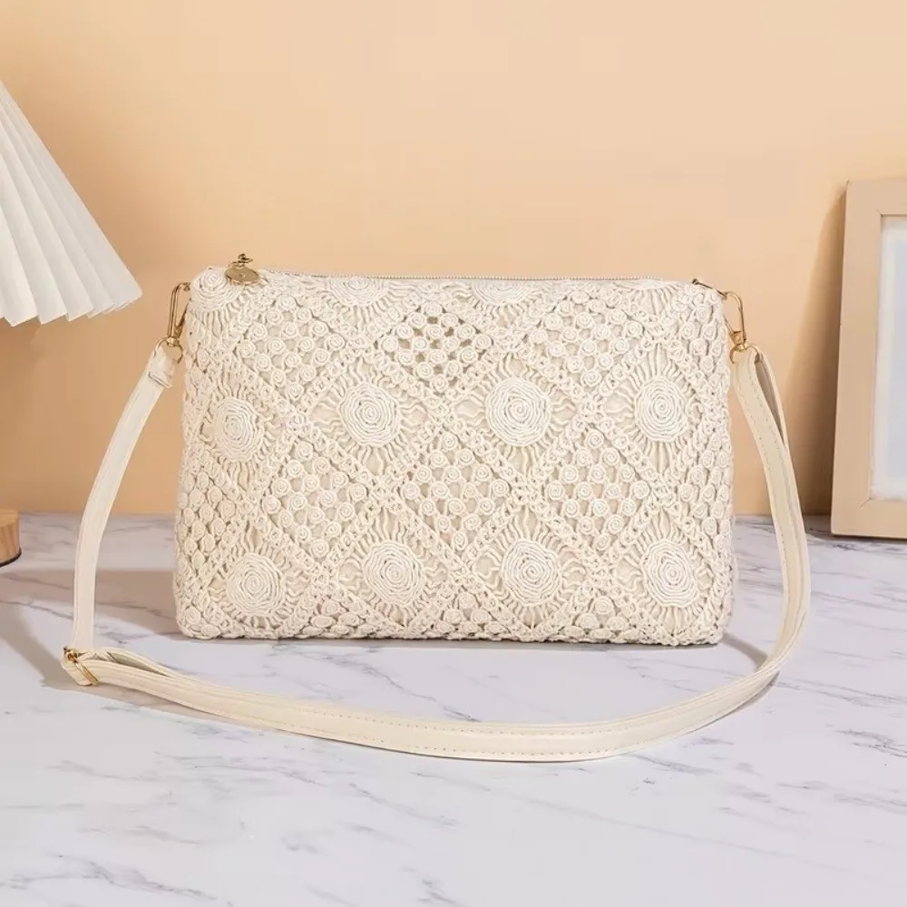 Nuevo Bolso Tejido con Flores al Estilo Bohemio, Cierre de Cremallera de Cuero PU, Bolso de Playa Boho, Bolso de Hombro para Mujer