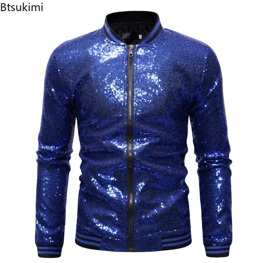 Chaquetas brillantes de lentejuelas para hombre, abrigos de estilo Punk con cremallera sólida, ropa para espectáculo de baile y fiesta de DJ en club nocturno, novedad de 2024