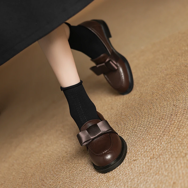Woman Shoes Spring Bowtie Loafers Round Toe Women Flat Shoes French Slip-On Basic Loafers Vintage Flats Handmade Retro Shoes