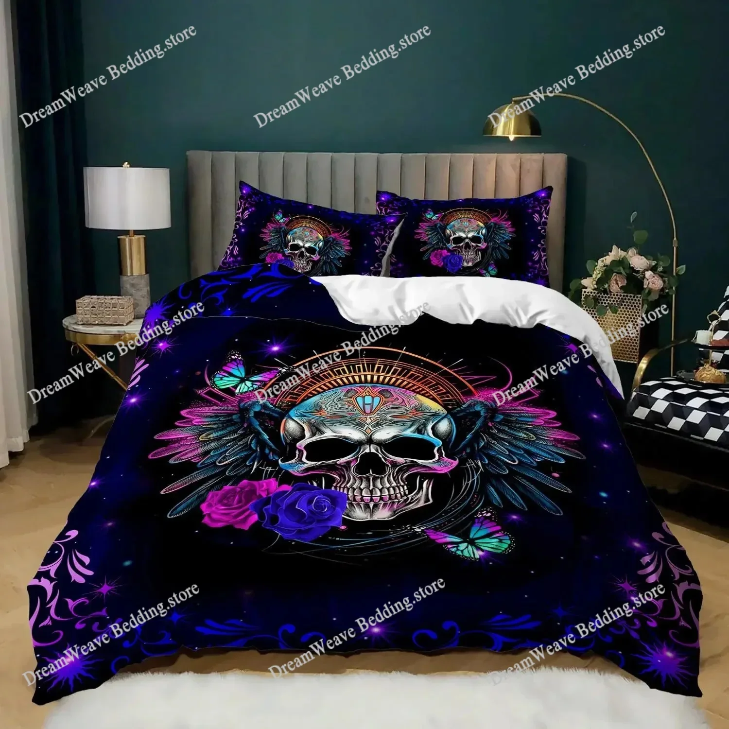Gothic Skull Duvet Cover Set Queen Size, Black and White Skull Bedding Set for Boys Teens Men, Retro Floral Comforter Covers Set 3