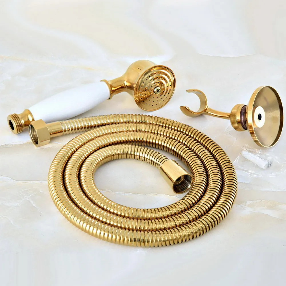 Best Luxury Gold Brass Bathroom Shower Head Water Saving Hand-held Sprayer Tap &1.5m Shower Hose & Shower Holder Nhh046