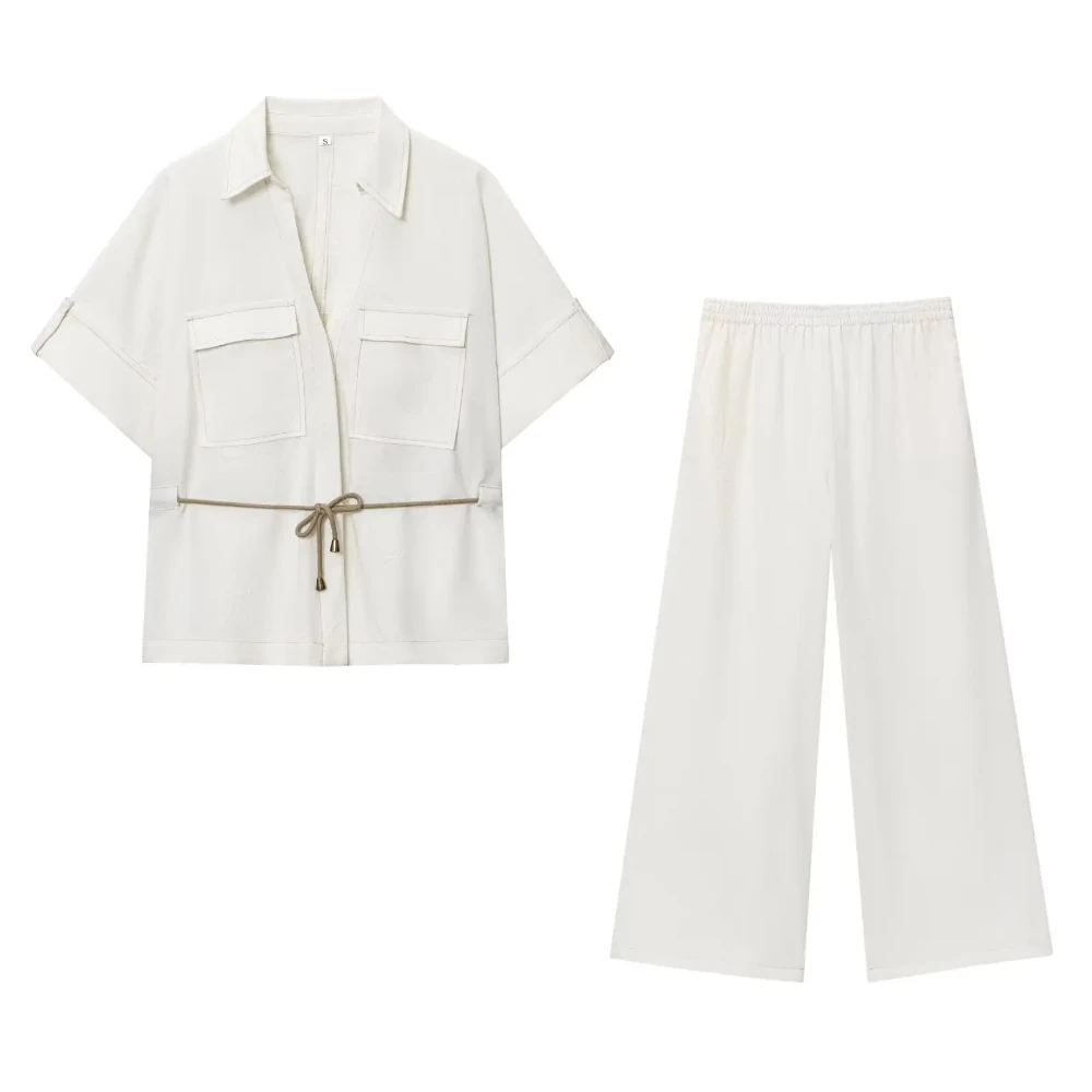 

KONDALA Fall Casual Vintage Set Women Waist Drawstring Shirt Elastic Waist Pants 2025 Spring Summer Fashion Elegant Pants Set