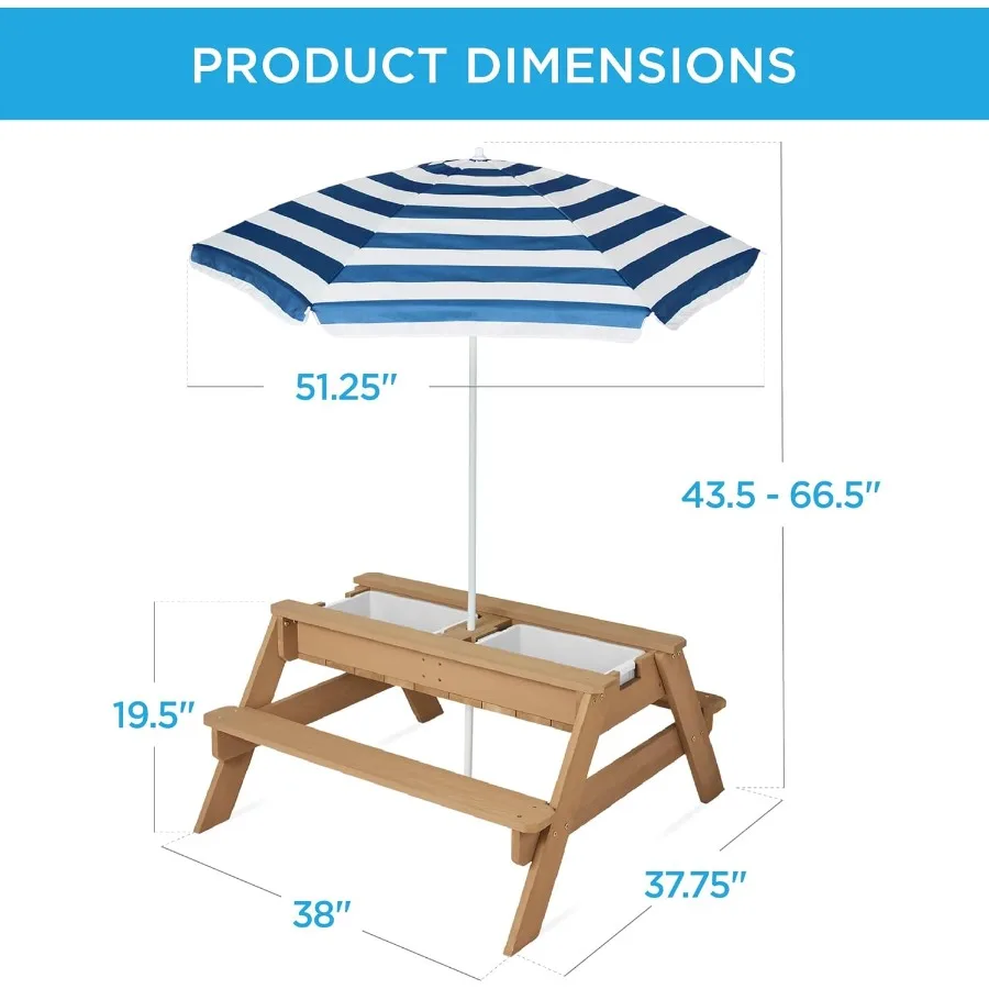 Tavolo da picnic convertibile per esterni in legno con sabbia e acqua 3in1 con ombrellone, 2 vassoi, piano rimovibile, capacità di 220 libbre per panca, blu scuro