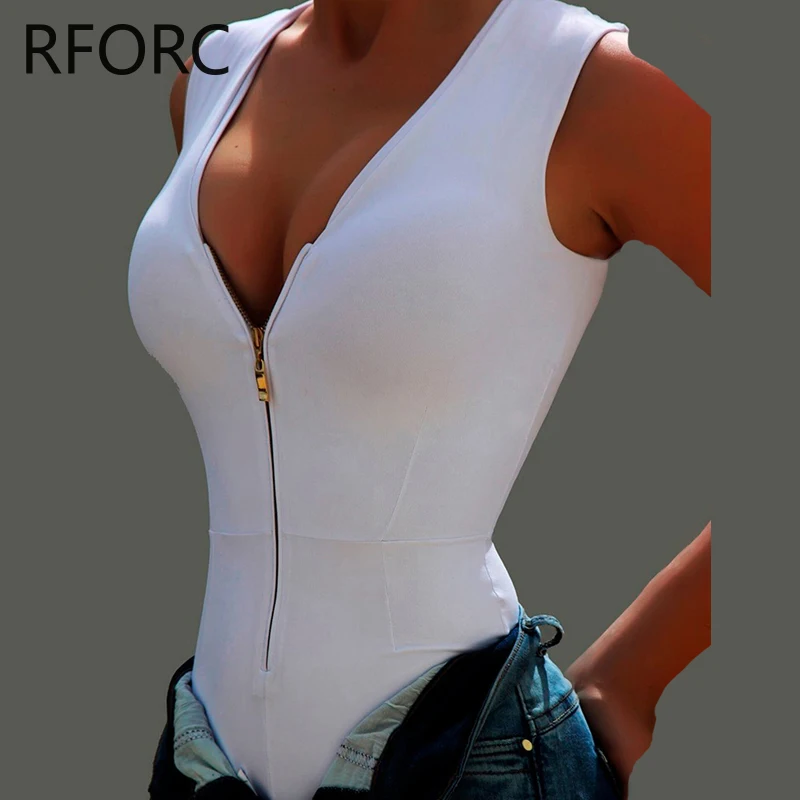 2024 Women Sexy Solid Sleeveless Deep V Neck Zipper Decoration Sexy Bodysuit