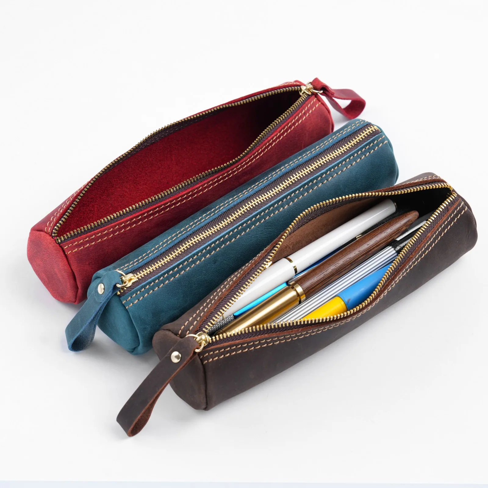 Estuche de bolígrafo con cremallera de cuero genuino, elegante estuche para lápices para estudiantes, oficina y viajes, bolsa organizadora de papelería compacta