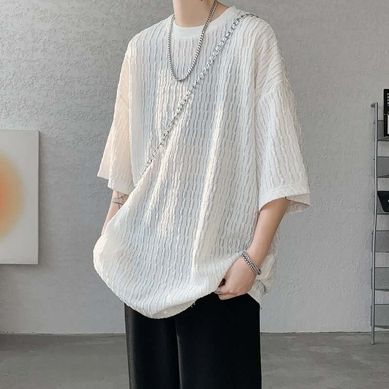 Summer Texture Short Sleeve Men T Shirt Korean Style Loose O Neck Fashion Casual Cool Tshirt Oversized Hollow out Tops White