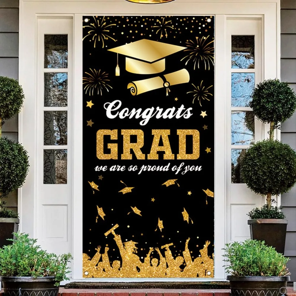 Czarne złoto Graduation Photography Backdrop 180x90cm Celebrate Graduates Theme Background Congrats Grad Polyester