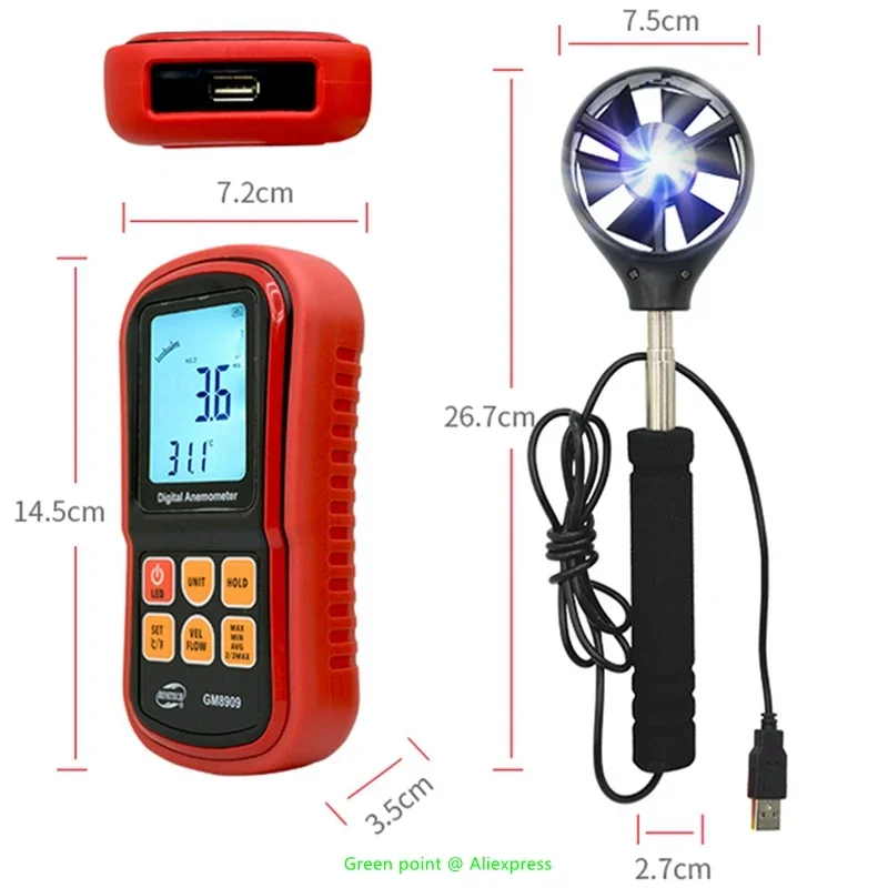 5PCS Outdoor Digital Anemometer GM8909 LCD Backlight Air Volume Measurement Of Wind Velocity Temperature & Flow Beaufort Scale