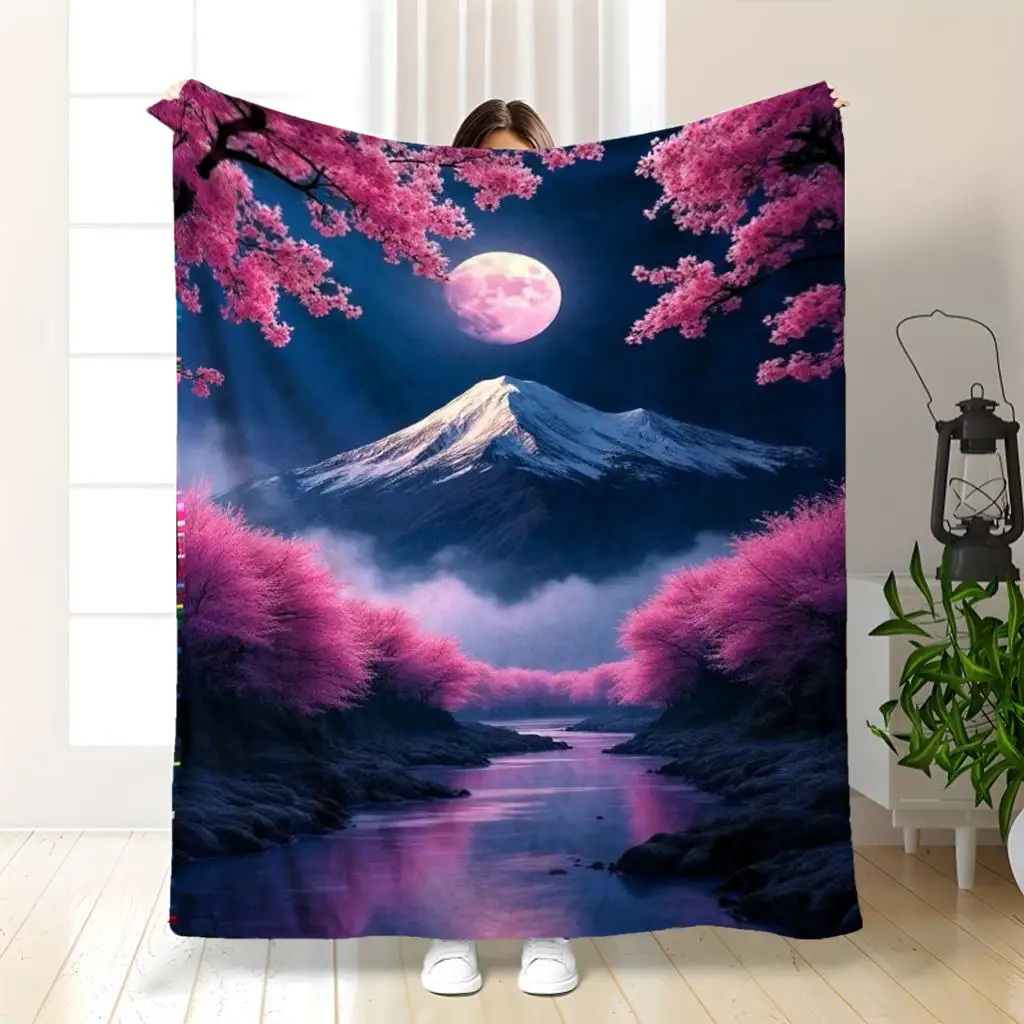 Mount Fuji Cherry Blossom Moon Fleece Blanket Japanese Landscape Art Soft Cozy Throw Home Decor for Living Room or Bedroom Gift