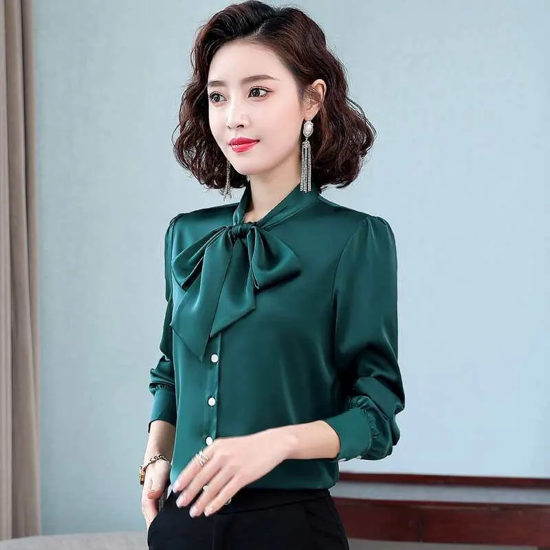 

Women's Loose Fit Ribbon Bow Shirt Long Sleeve Autumn New Style Polyester Fiber Skin-friendly Breathable Pure Color Shirt