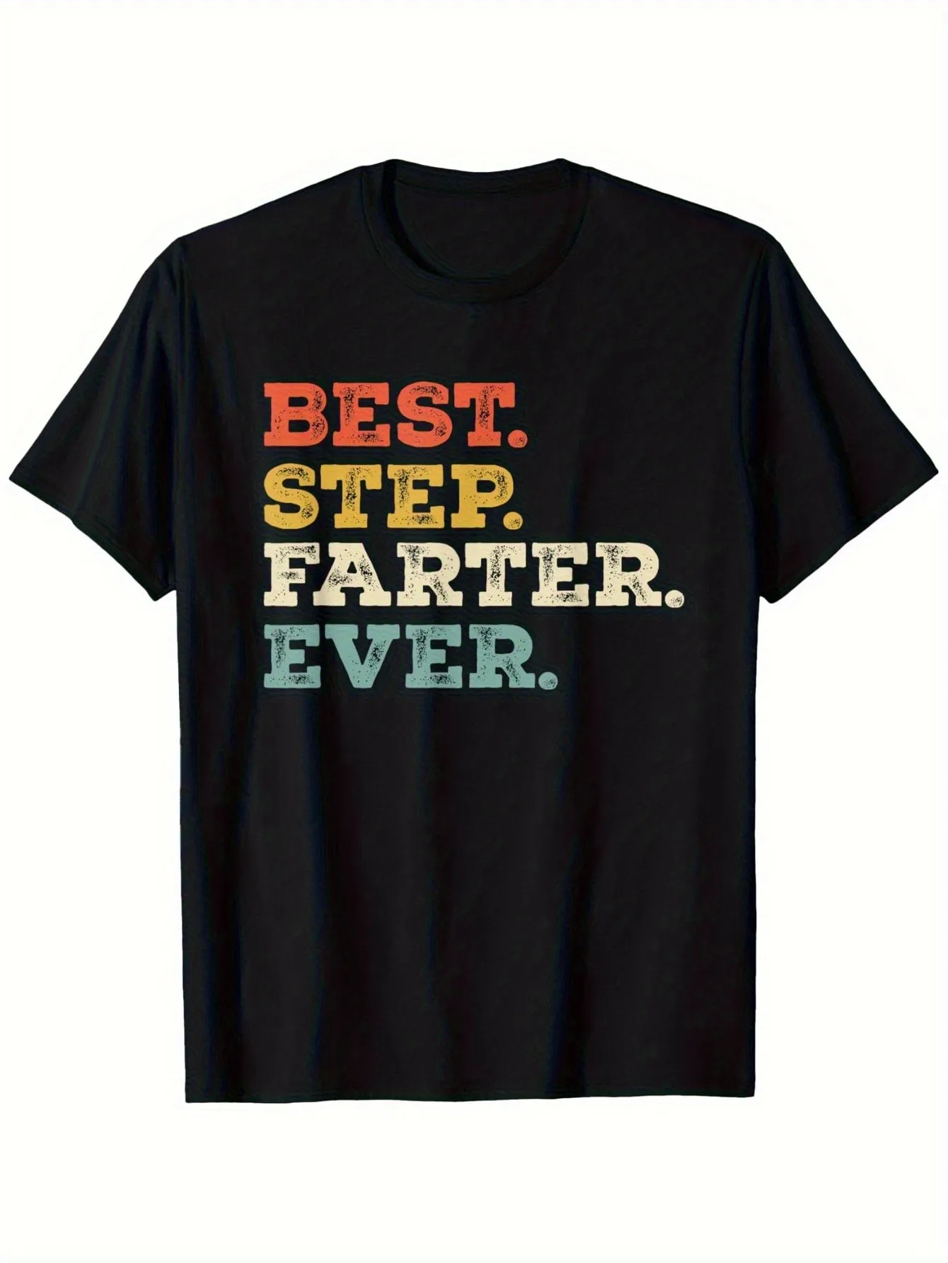 

Men's Funny Fart Joke Graphic T-Shirt Best Stepdad Fart King Retro 80S 90S Design Soft Casual Party Wear Men's Funny Birthday Gift Short Sleeve Crew Neck Humorous Apparel with Bright Retro Letters in Orange, Yellow, Red, Green, Blue, Brown and Teal Adult 