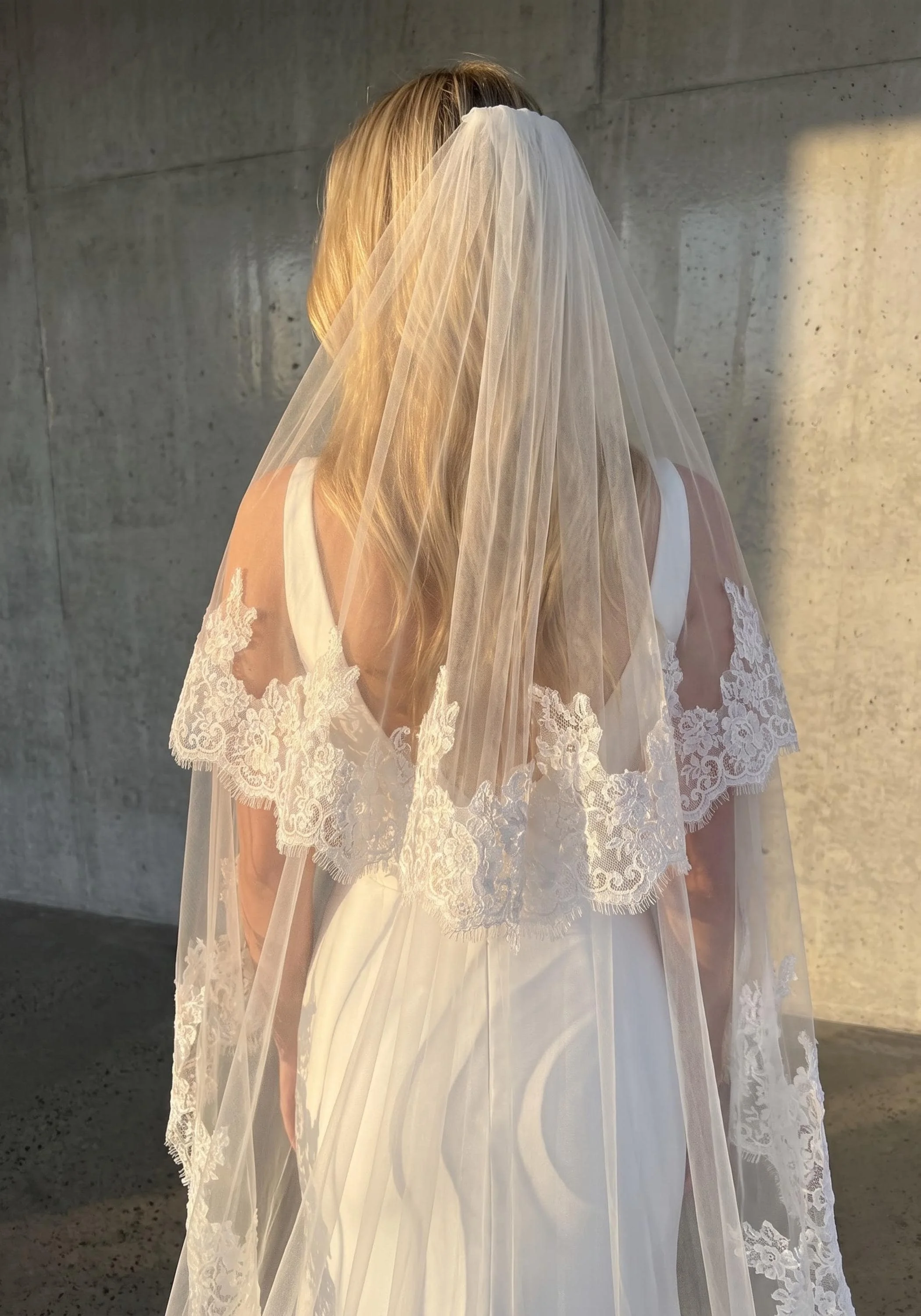 French Lace Wedding Veil, Ivory Tulle Mantilla, 2 Tier with Blusher, Long Cathedral Length