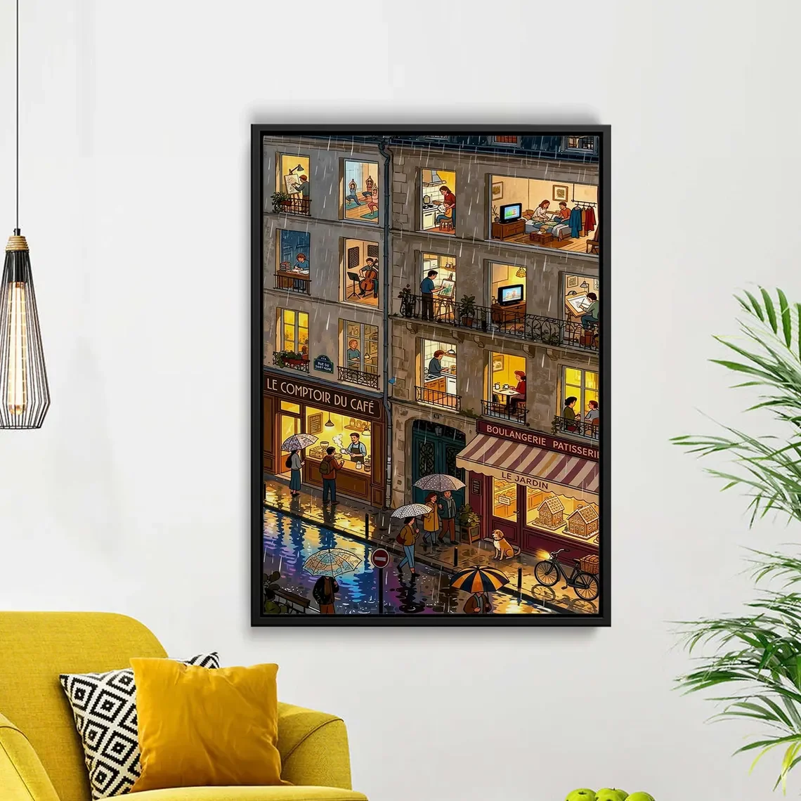 Rainy Paris Street Canvas Wall Art, Cozy Apartment Illustration, French Café Cityscape Poster Print