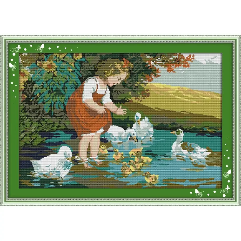 Joy Sunday Pre-printed Cross Stitch Kit  Easy Pattern Aida  Stamped Fabric Embroidery Set-The Little Girl and Ducks In Pool