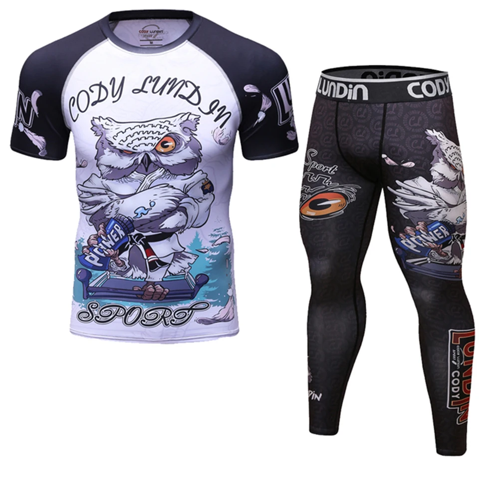 Rash Guard Jiu Jitsu t-shirty + spodnie zestawy Rashguard dla mężczyzn Kickboxing pot trening gimnastyczny MMA zestaw bokserski Muay Thai T-shirt