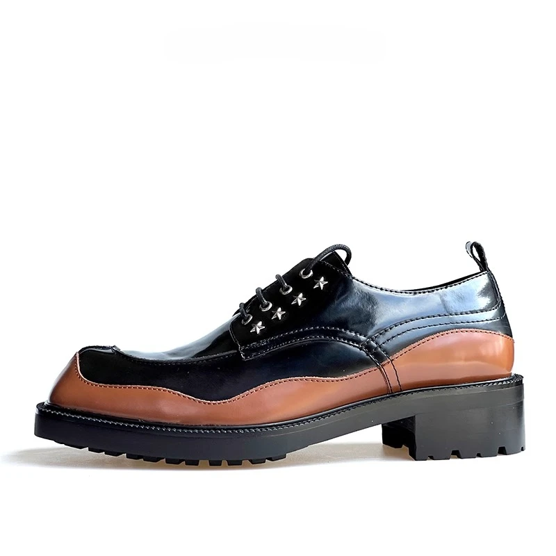 Vintage Patchwork Shiny Leather Oxfords Star Rivet Detailing, Low Block Heel Trendy Lace-up Daily Party Men Shoes