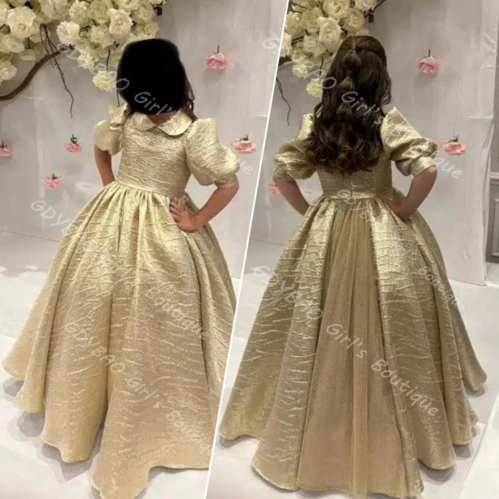 Princess Flower Girl Dress for Wedding Little Girls High Waist Ball Gown with Peter Pan Collar & Puff Sleeves Custom Party Dress