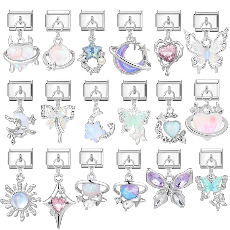 Shiny Crystal Heart Star Butterfly Moon Pendant Italian Charm Links Y2K Fit 9mm Stainless Steel Bracelet Jewelry DIY Making