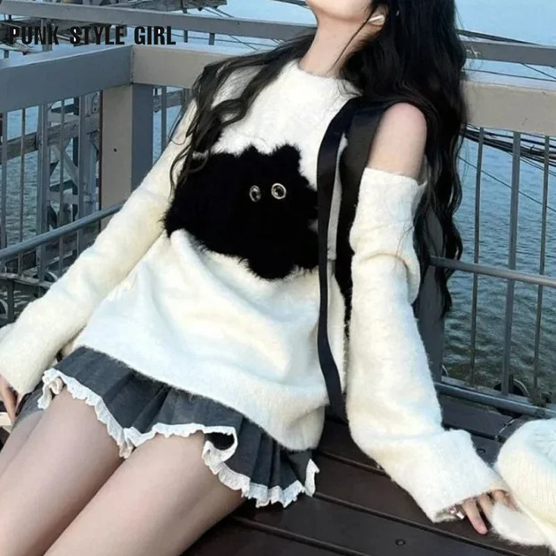 2025 mode Kawaii Y2K sweter wanita kucing putih bahu terbuka pullover rajut Harajuku ukuran besar kartun Vintage musim gugur atasan