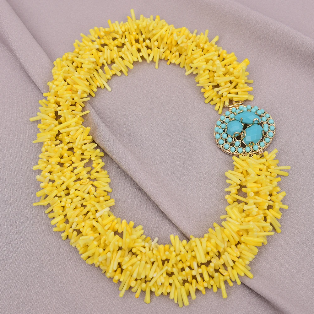 GG 18'' 5 Rows Yellow Coral Chips Branch Freedom Irregular Beads Necklace Gold Plated Blue Turquoise Flower Clasp For Lady