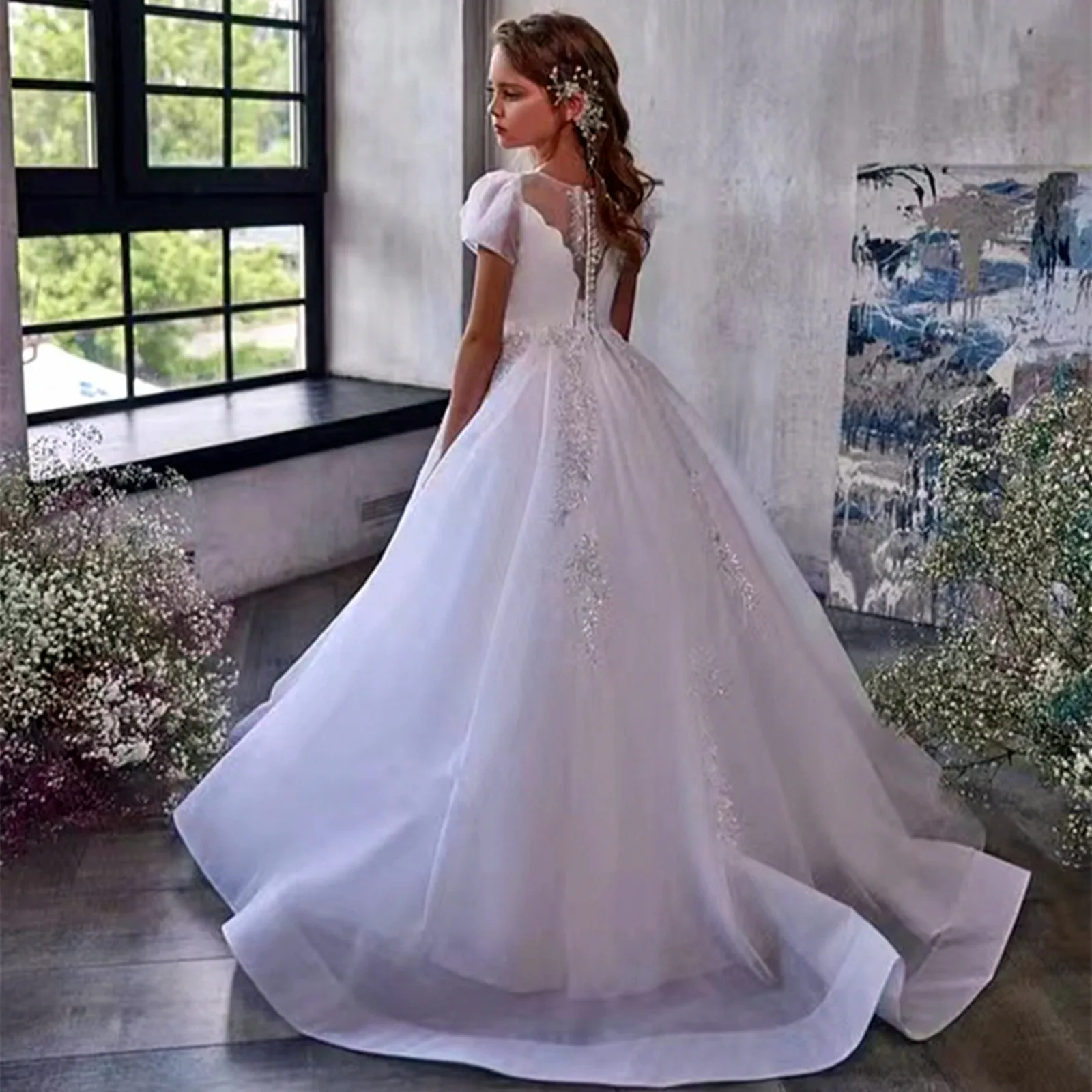 Primeiro comunhão vestido para apliques de casamento vestidos da menina flor tule branco renda bonito beading vestido de baile para o aniversário do bebê